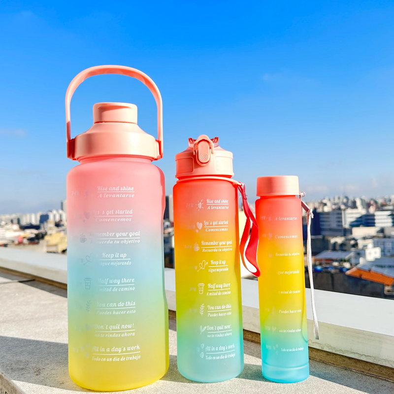 Kit 3 Garrafa para Academia Motivacional Fitness 2L, 900ml e 300ml