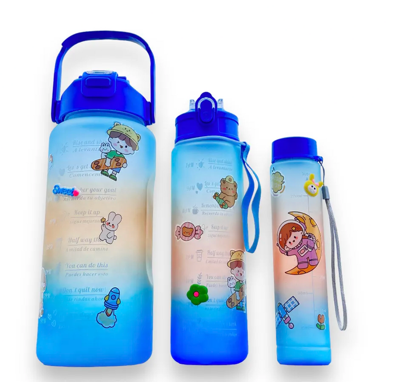 Kit 3 Garrafa para Academia Motivacional Fitness 2L, 900ml e 300ml